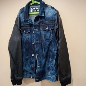 Black apple men's leather sleeve denim jacket